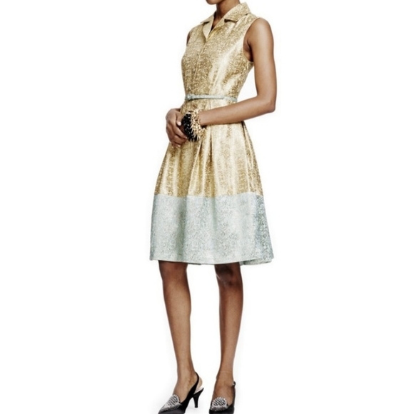 Gold metallic brocade belted dress Old Hollywood style - Picture 2 of 15